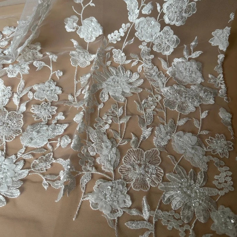 5 YARDS / Villamai Floral Sequin Beaded Embroidery Tulle Mesh Lace Dress Fabric