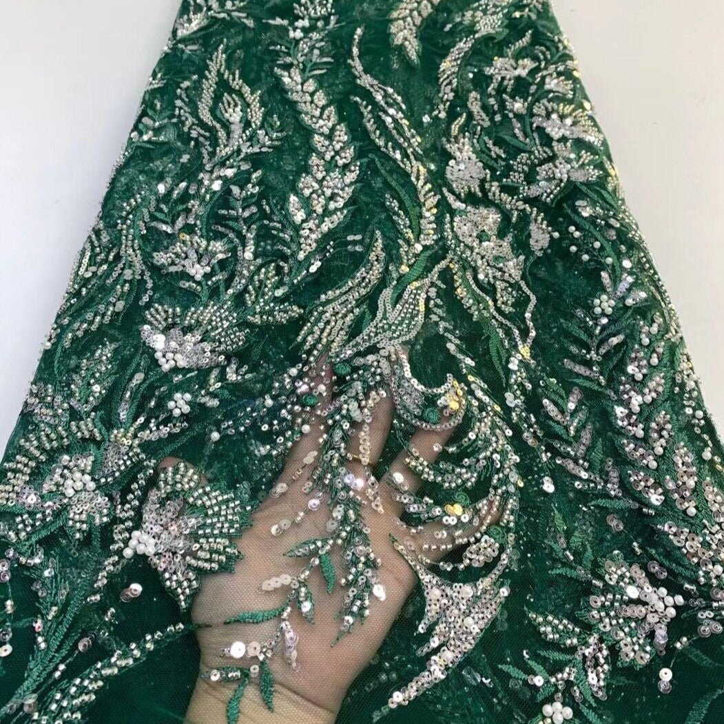 Emerald Green Sequins Beaded Lace Fabric