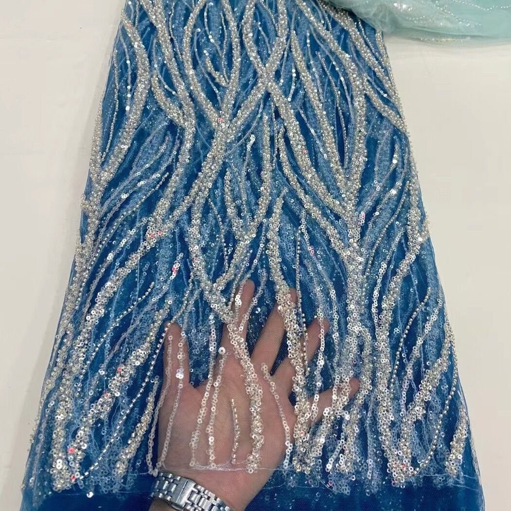 YARDS 12 COLORS Nihel Lines Abstract Sequin Beaded Embroidered Tulle Mesh Lace Party Prom Bridal Dress Fabric