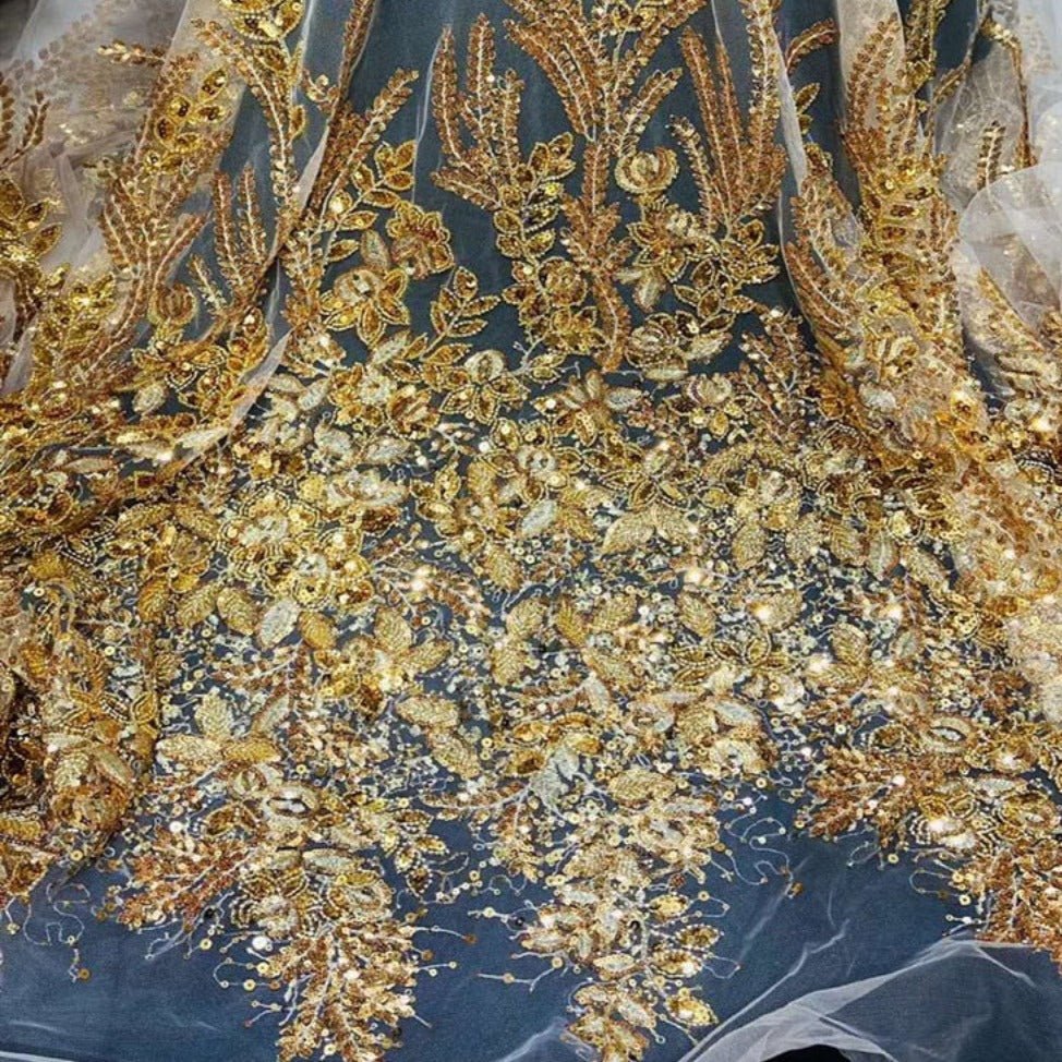 gold lace fabric for dresses Gold Beaded Bridal Lace #28851