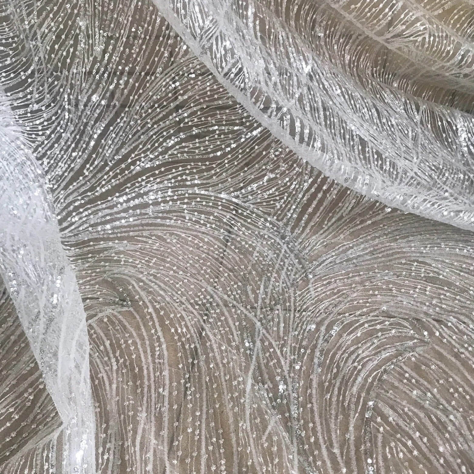 5 YARDS / Lael Abstract White Clear Reflective Sequin Geometric Embroi Classic Modern Fabrics 5 YARDS / Lael Abstract White Clear Reflective Sequin Geometric Embroi Classic Modern Fabrics