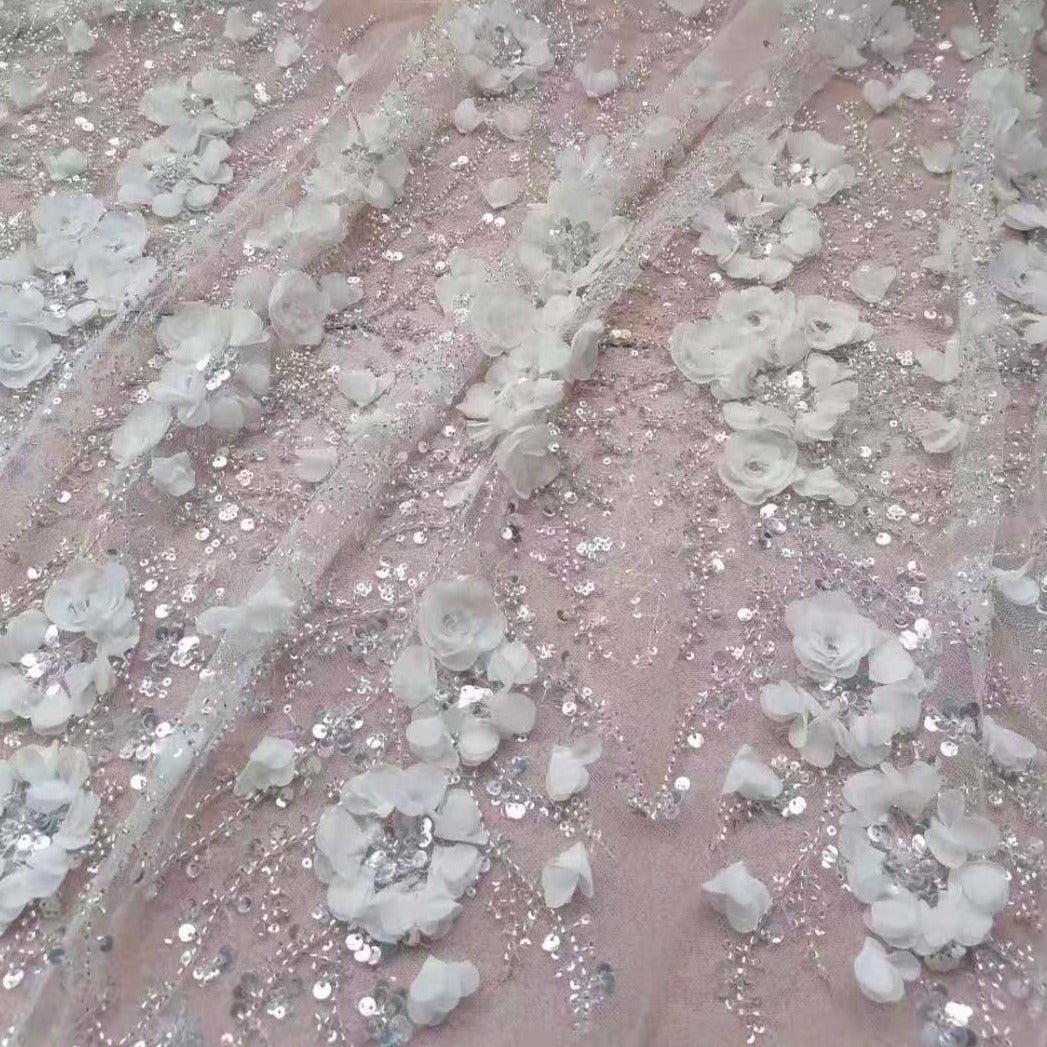 5 YARDS / Marianne 3D Flower Glitter Sequin Beaded Embroidery Tulle Me – Classic Modern Fabrics 5 YARDS / Marianne 3D Flower Glitter Sequin Beaded Embroidery Tulle Me – Classic Modern Fabrics