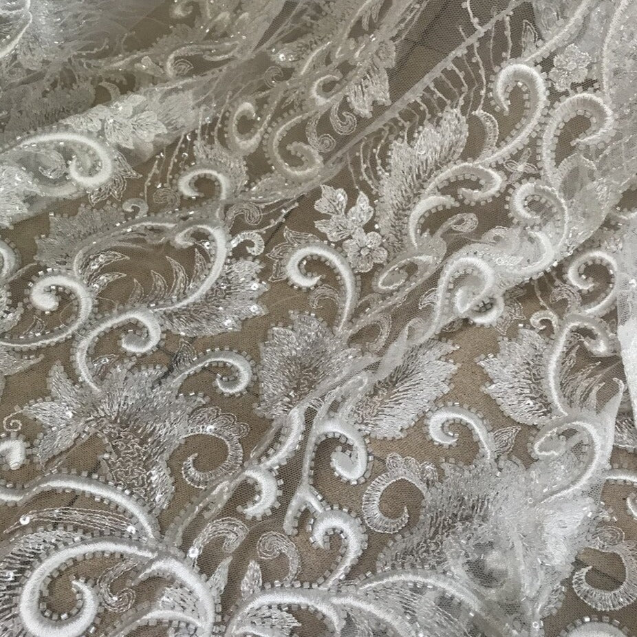 5 YARDS / Délias Off White Sequin Beaded Glitter Embroidery Mesh Lace Party  Prom Bridal Dress Fabric