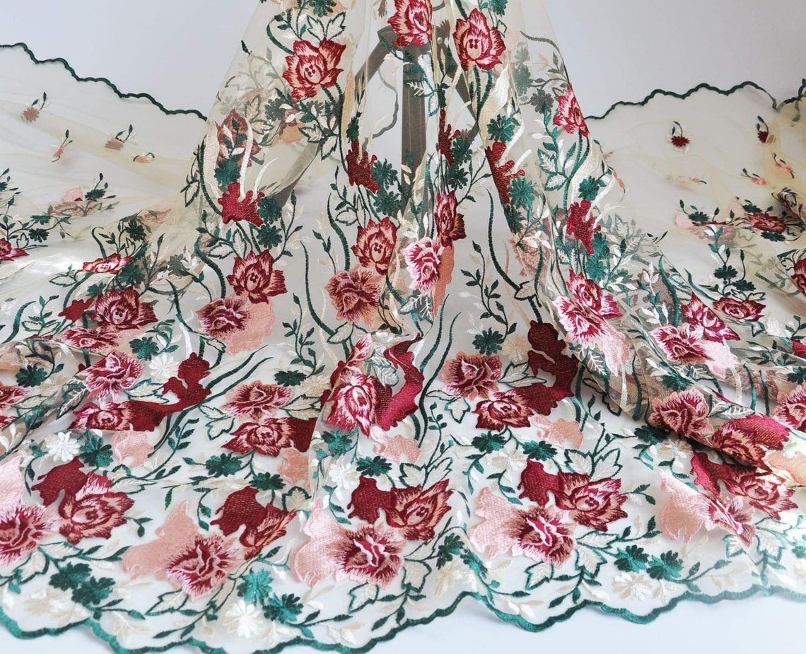 YARDS Tamara Pink Red Green Floral Mesh Sequin Embroidery Lace Fabric Dress Fabric