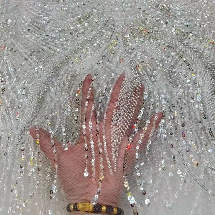 beaded fabric for dresses 5 YARDS / Erine Geometric Silver Glitter Embroidery Mesh Lace Party Prom Bridal Dress Get a unique yet stylish look with this All Over Handmade Classic Beaded Sequin Embroidered Bridal Fabric that is designed to make brides feel. 5 YARDS / 9 COLORS