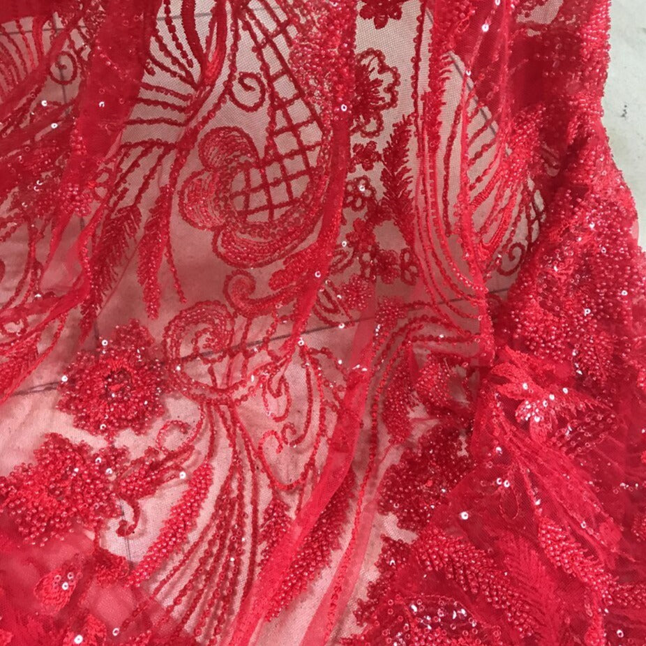 5 YARDS / Luciela Exotic Red Floral Sequin Beaded Embroidery Tulle Mesh Lace Dance Party Party Prom Bridal Dress Fabric 5 YARDS / Luciela Exotic Red Floral Sequin Beaded Embroidery Tulle Mesh Lace Dance Party Party Prom Bridal Dress Fabric