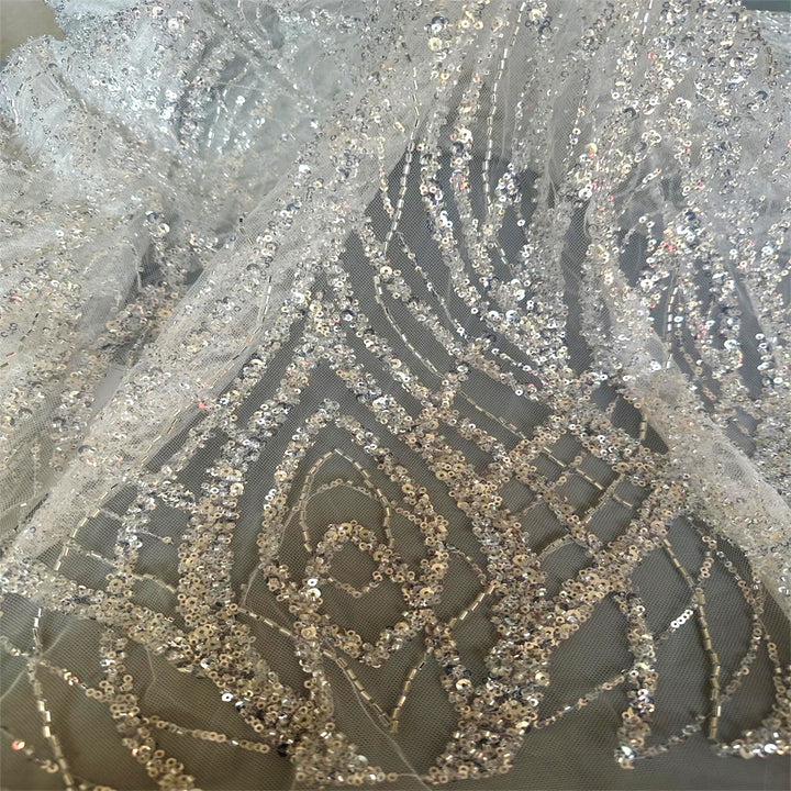 5 YARDS / Fatima Off-White Clear Regal Sequin Beaded Embroidery Tulle Mesh Lace Party Prom Bridal Dress Fabric