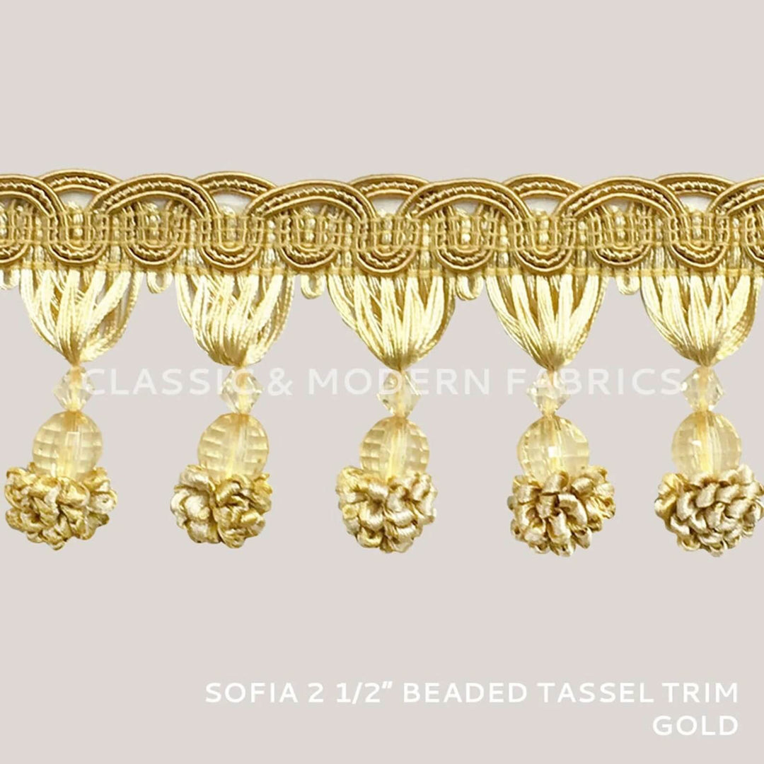 SOFIA 2.5" Bright Gold Beaded Tassel Fringe Trim / By The Yard