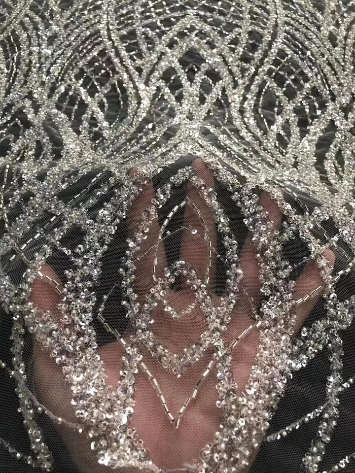 Tessuto da 5 metri / Fatima bianco sporco trasparente regale con paillettes ricamate in tulle a rete in pizzo per abiti da ballo per feste