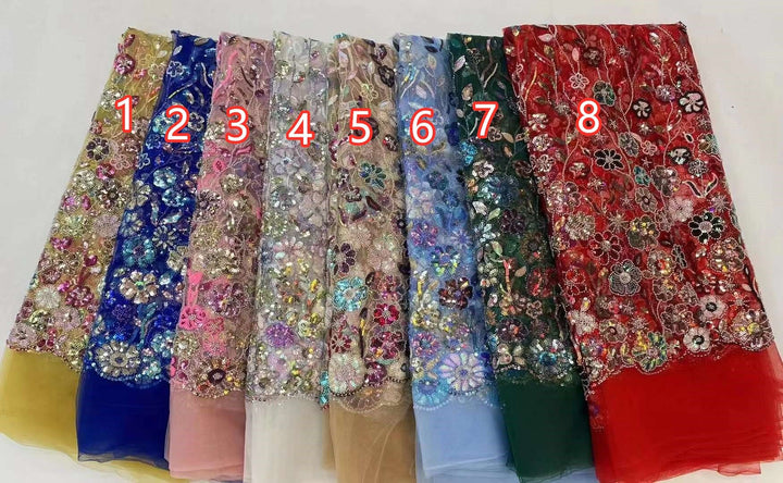 5 YARDS / 8 COLORS / Chantal Cute Pansy Sequin Floral Beaded Embroidery Glitter Mesh Lace  Party Prom Bridal Dress Fabric