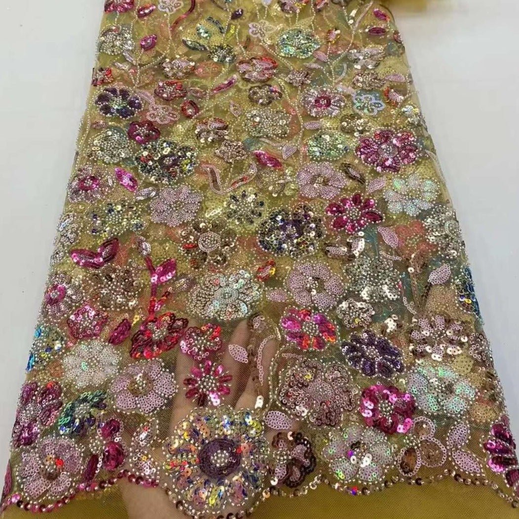 5 YARDS / 8 COLORS / Chantal Cute Pansy Sequin Floral Beaded Embroidery Glitter Mesh Lace  Party Prom Bridal Dress Fabric