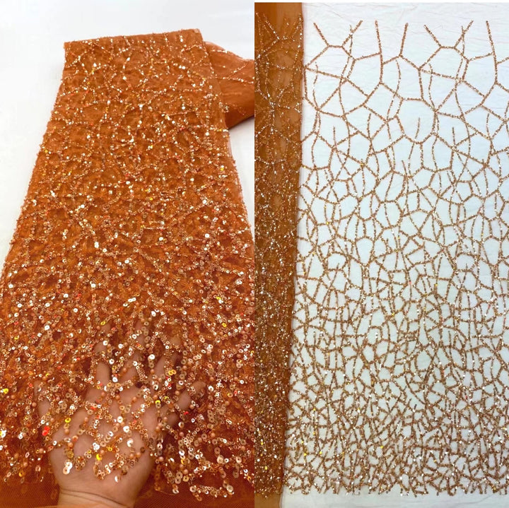 Abstract Orange Sequin Beaded Embroidery Tulle Mesh Lace Party Prom Bridal Dress Fabric