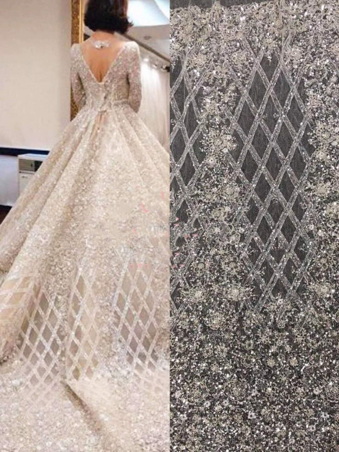 5 YARDS / Charlyne Beautiful Floral White Beige Beaded Sequin Embroidery Glitter on Light Tulle Mesh LaceParty Prom Bridal Dress Fabric
