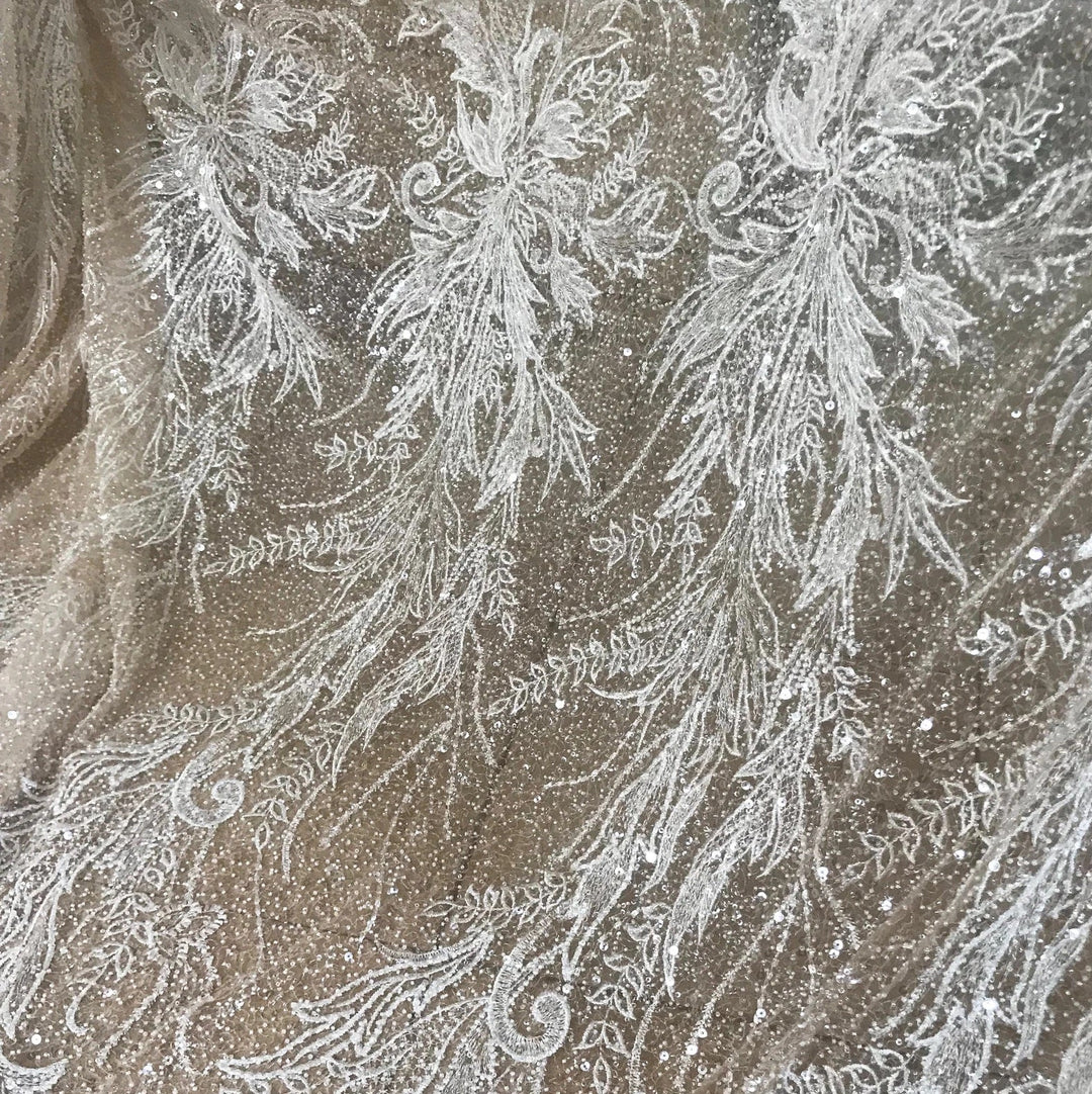 5 metri/tessuto lussuoso per abito da sposa, pizzo, rete, ricamo, perline, astratto, Omeris