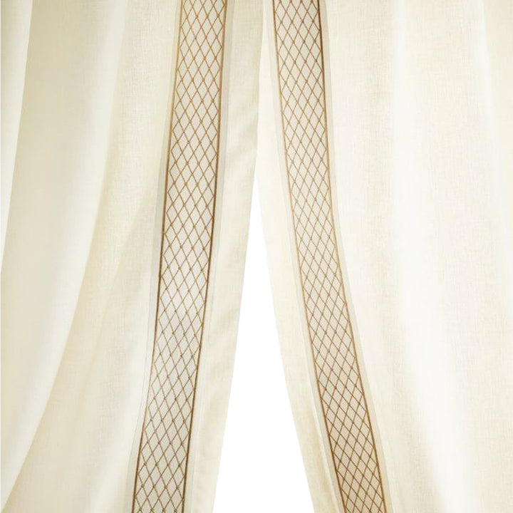 PAIR / Orleans Cotton Linen Drapery with 4 inch Wide Geometric Accent Decorative Tape Rod Pocket Ready Made Curtain Drapery / 4 COLORS