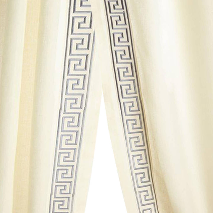 PAIR / Amire Cotton Linen Drapery with 4 inch Wide Greek Key Accent Decorative Tape Rod Pocket Ready Made Curtain Drapery / 4 COLORS
