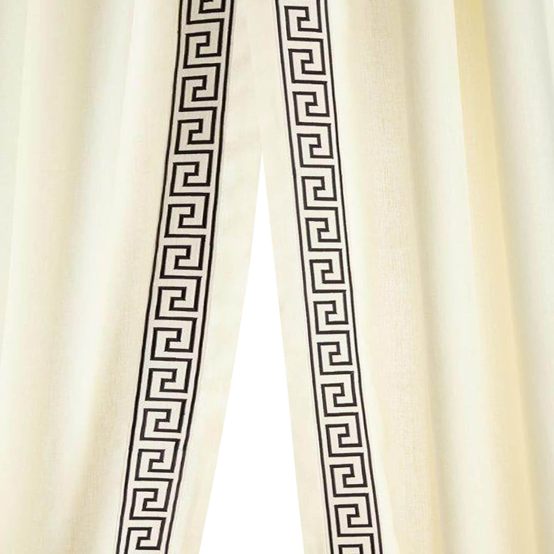 PAIR / Amire Cotton Linen Drapery with 4 inch Wide Greek Key Accent Decorative Tape Rod Pocket Ready Made Curtain Drapery / 4 COLORS