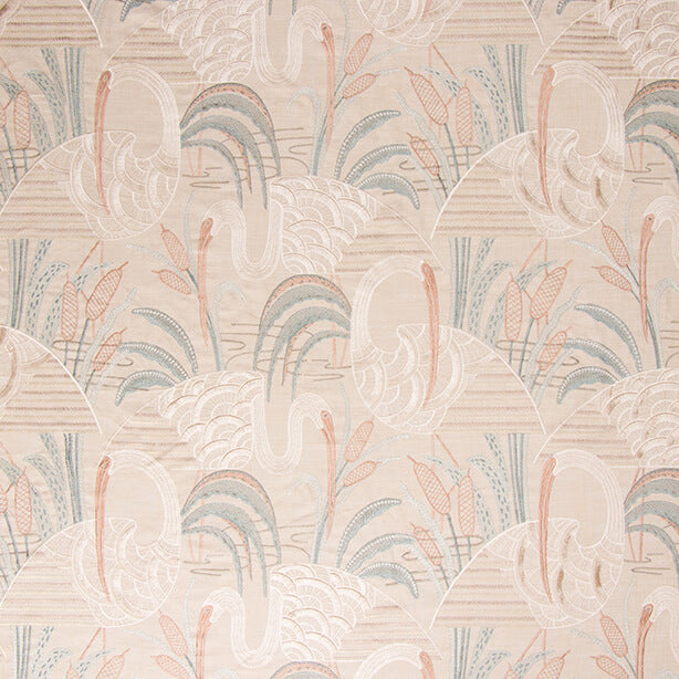 Marshlyn embroidered art deco heron fabric in Aqua