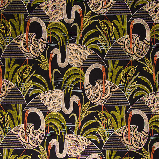 Marshlyn embroidered art deco heron fabric in Marsh