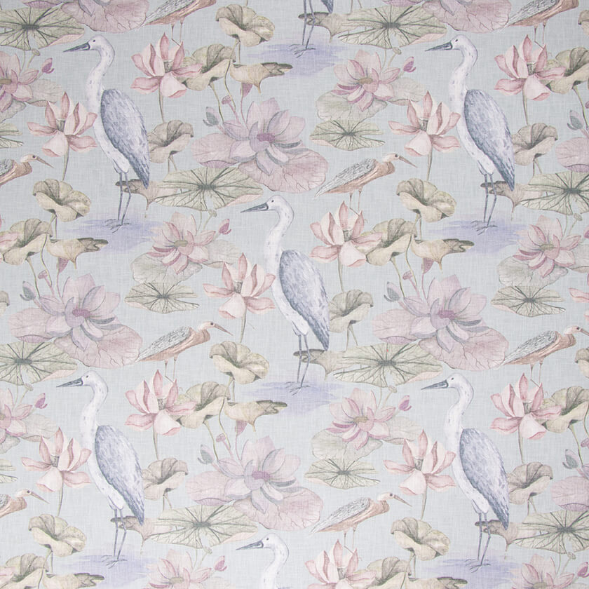 Lotusmere watercolor heron lotus fabric in Chambray