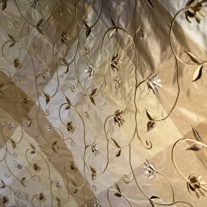 Pellora Embroidered Floral Silk Fabric in Wheat