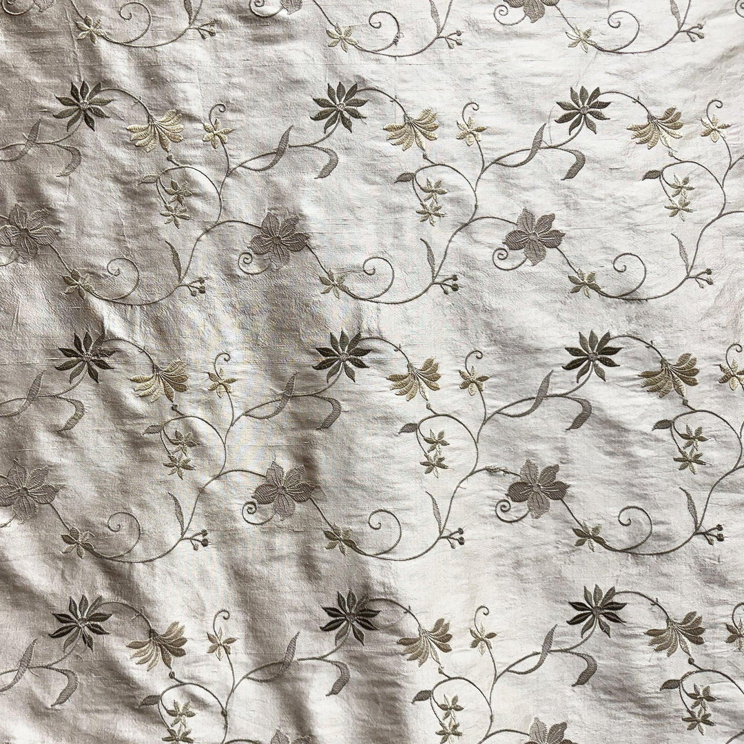 Rosalvie Floral Embroidered Silk Fabric in Fawn