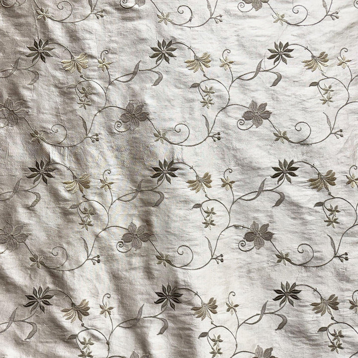 Rosalvie Floral Embroidered Silk Fabric in Fawn