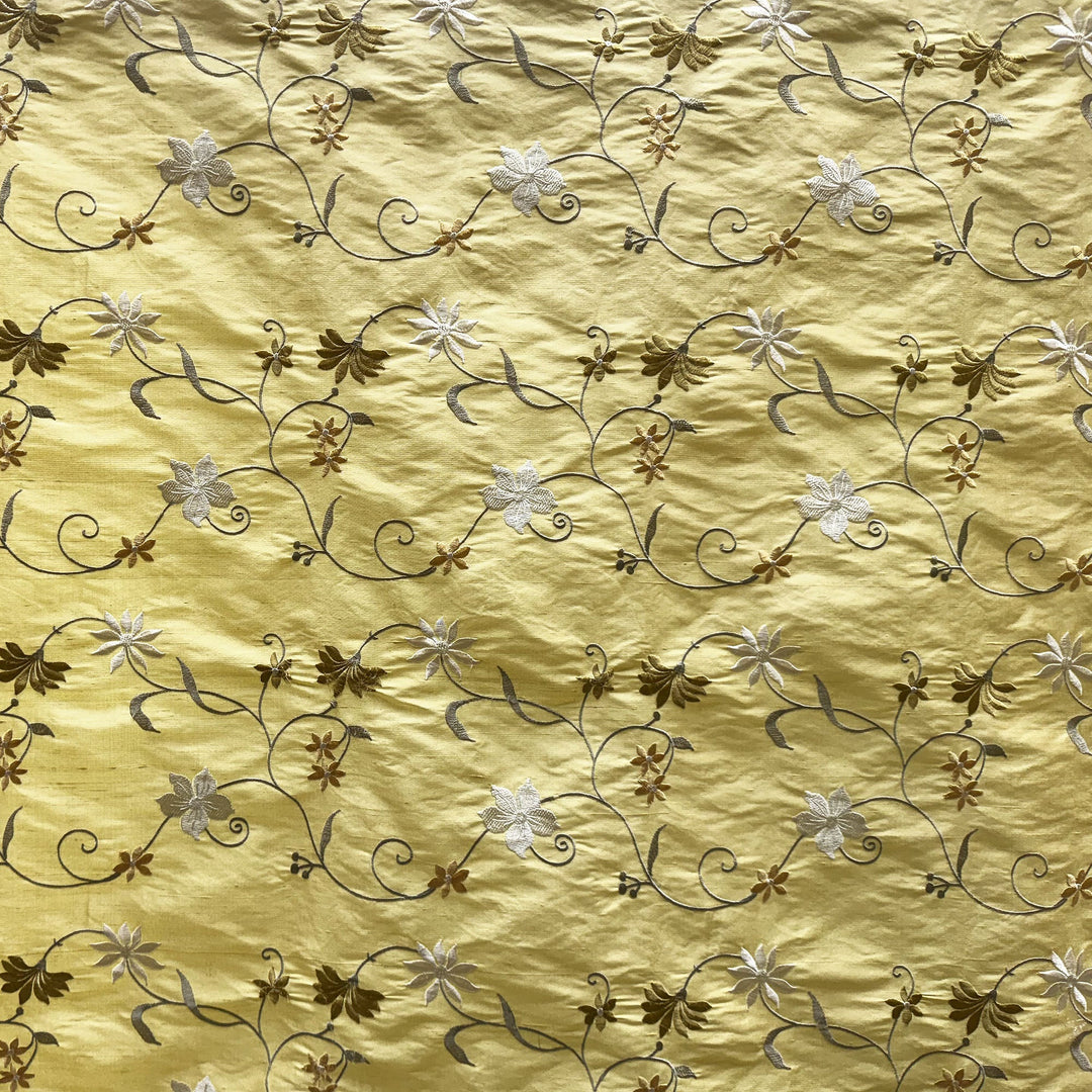 Rosalvie Floral Embroidered Silk Fabric in Lemon