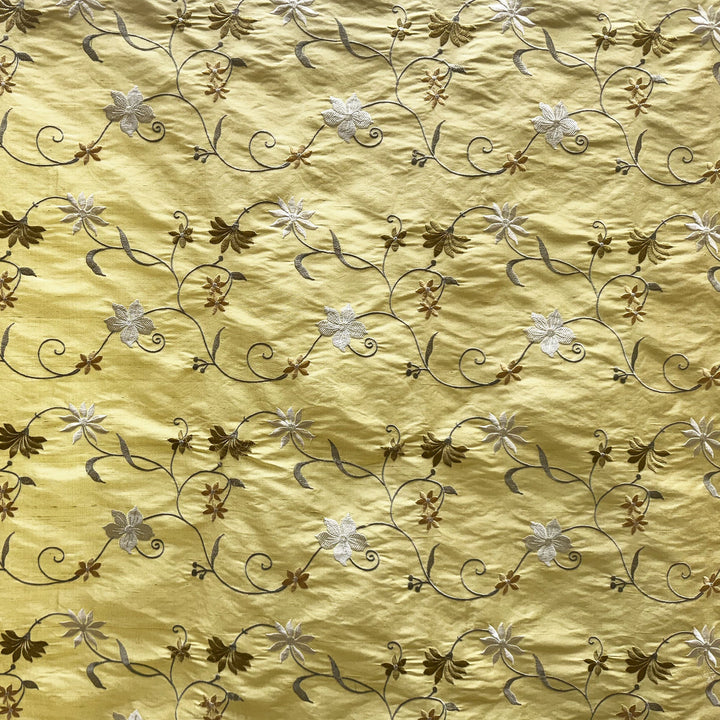 Rosalvie Floral Embroidered Silk Fabric in Lemon