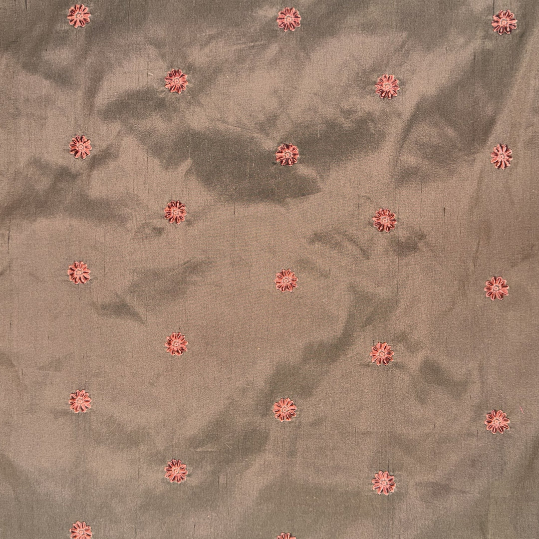 Zelvora Floral Dotted Embroidered Silk Fabric in Truffle