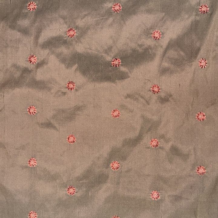 Zelvora Floral Dotted Embroidered Silk Fabric in Truffle