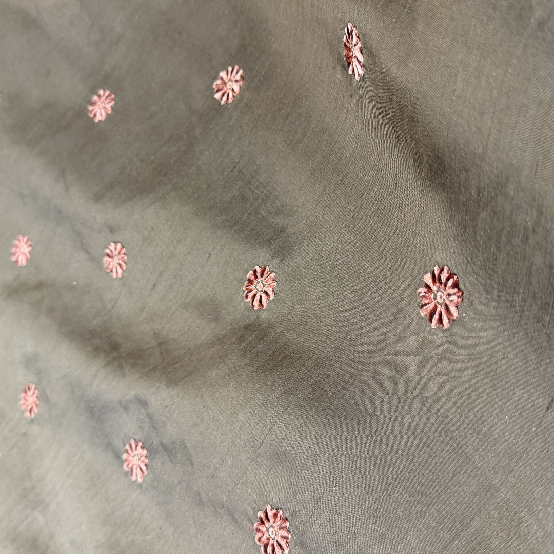 Zelvora Floral Dotted Embroidered Silk Fabric in Truffle