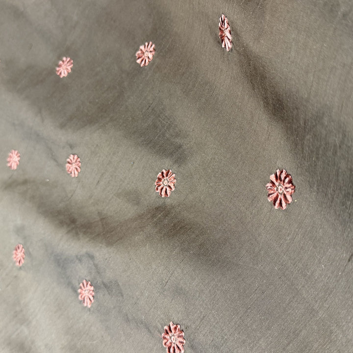 Zelvora Floral Dotted Embroidered Silk Fabric in Truffle