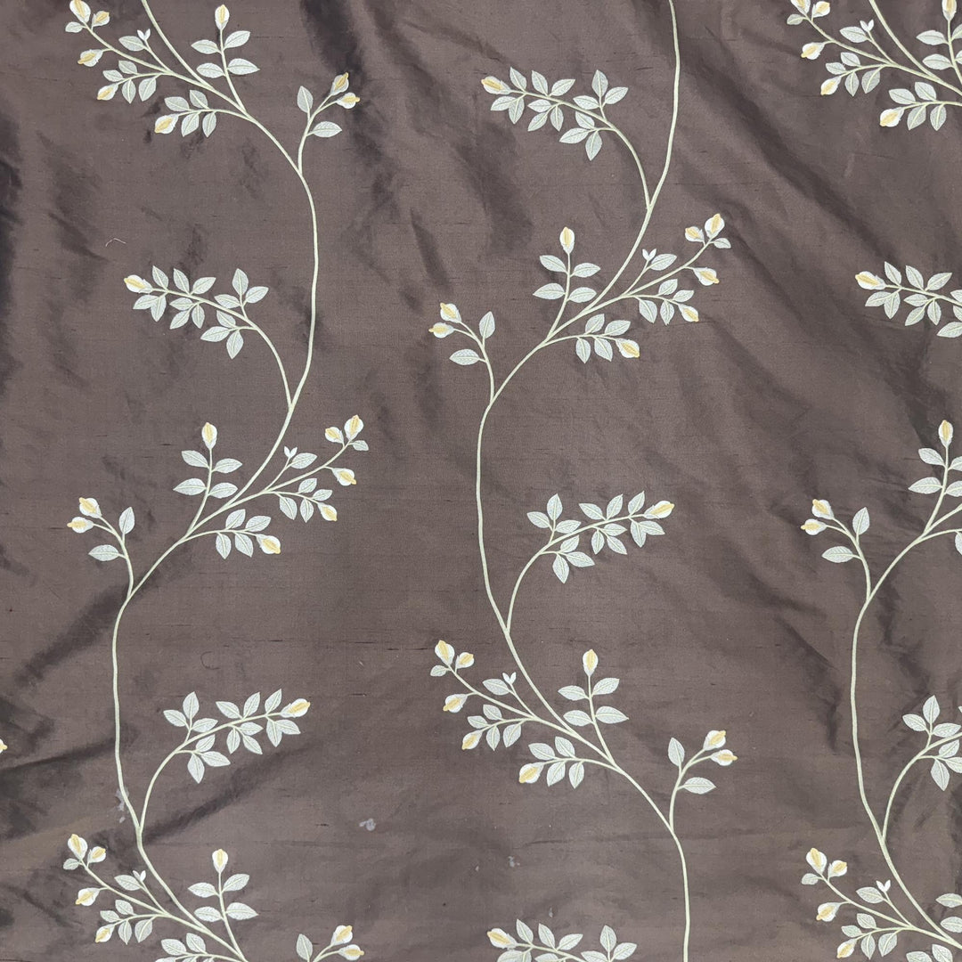 Aurivelle Floral Embroidered Stripe Silk Fabric in Chocolate