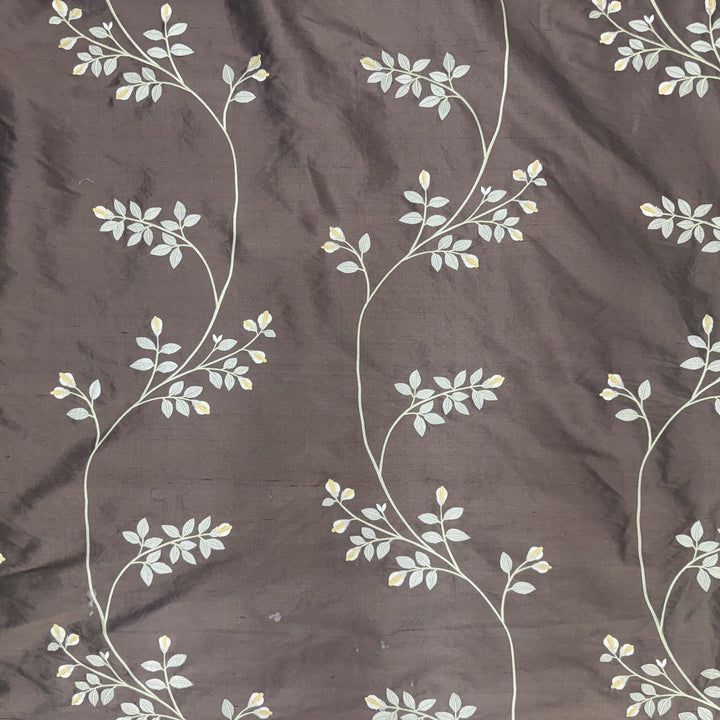 Aurivelle Floral Embroidered Stripe Silk Fabric in Chocolate