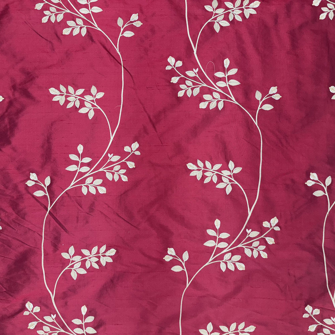 Aurivelle Floral Embroidered Stripe Silk Fabric in Red