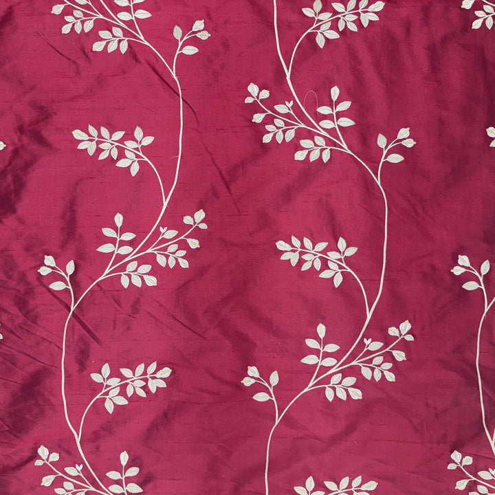 Aurivelle Floral Embroidered Stripe Silk Fabric in Red