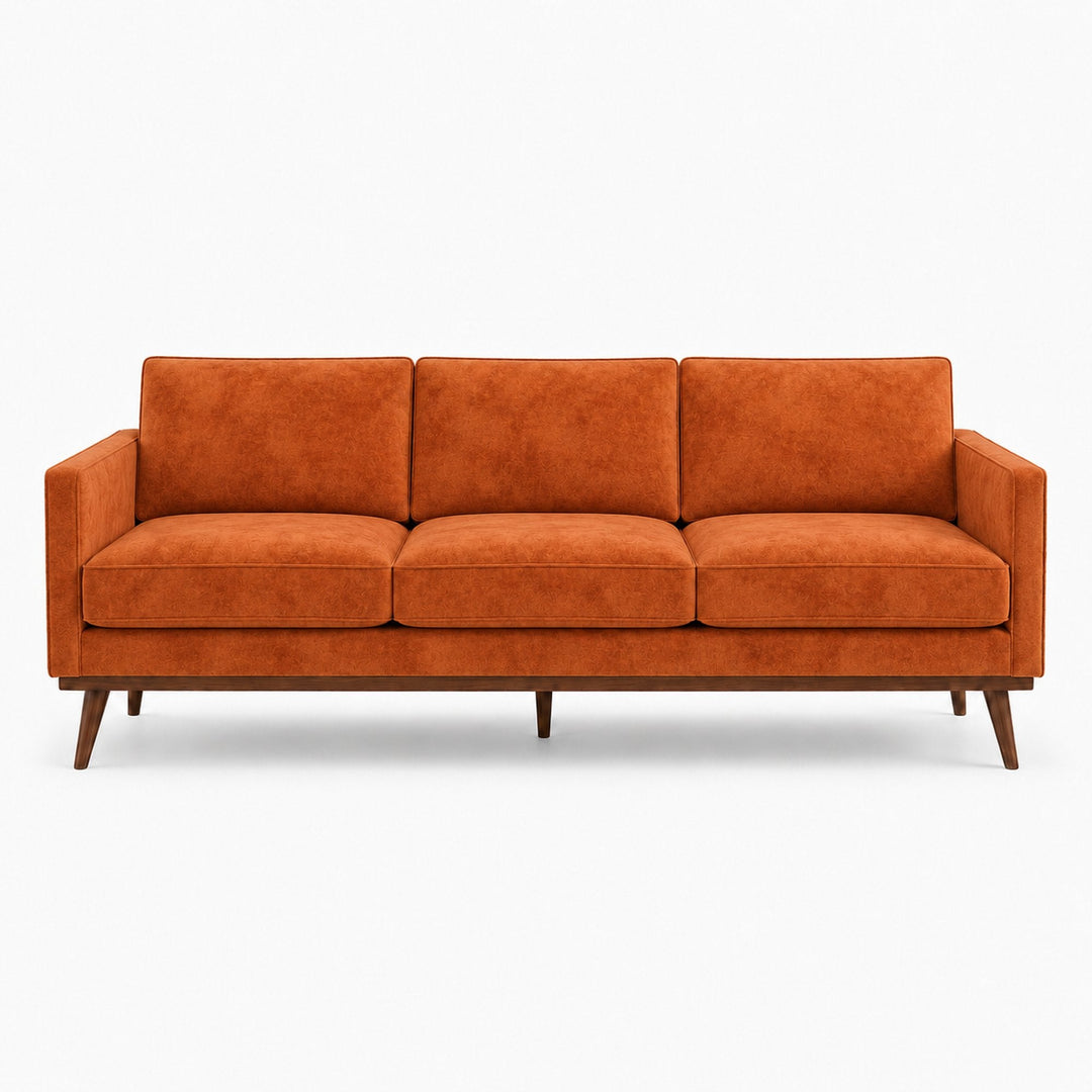 Gian Fabric in color Rust made on a sofa is a Solid Shiny Velvet Fabric that is good for Drapery & Curtain Fabric and Upholstery Fabric