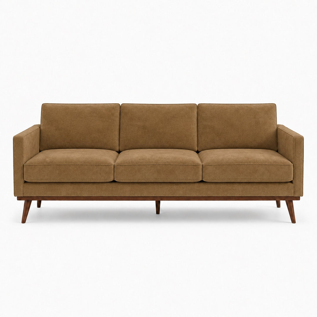 Gian Fabric in color Mocha made on a sofa is a Solid Shiny Velvet Fabric that is good for Drapery & Curtain Fabric and Upholstery Fabric