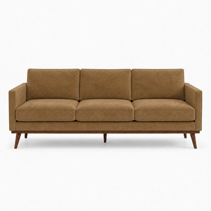 Gian Fabric in color Mocha made on a sofa is a Solid Shiny Velvet Fabric that is good for Drapery & Curtain Fabric and Upholstery Fabric