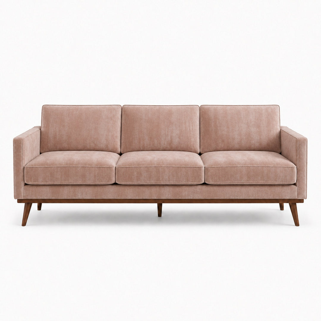 Gian Fabric in color Beige made on a sofa is a Solid Shiny Velvet Fabric that is good for Drapery & Curtain Fabric and Upholstery Fabric
