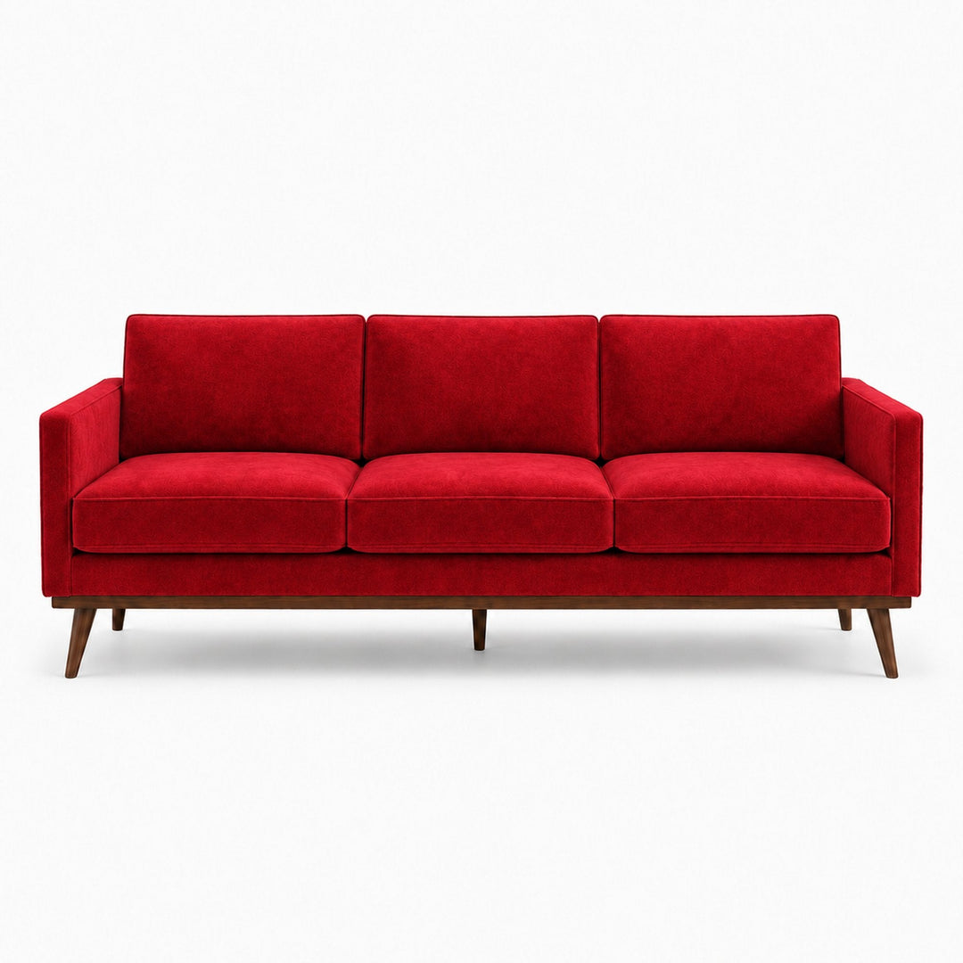 Gian Fabric in color Red made on a sofa is a Solid Shiny Velvet Fabric that is good for Drapery & Curtain Fabric and Upholstery Fabric