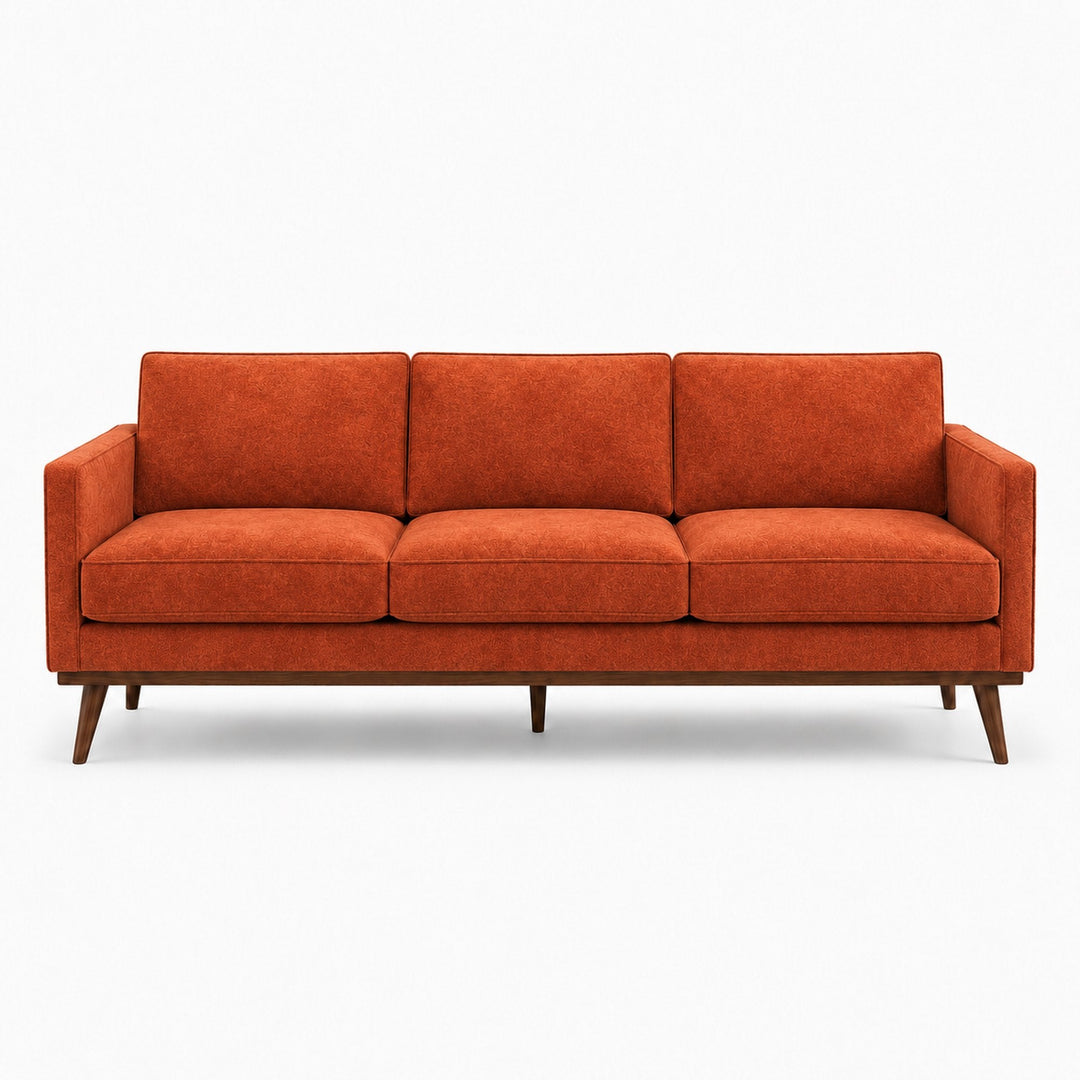 Gian Fabric in color Terracotta made on a sofa is a Solid Shiny Velvet Fabric that is good for Drapery & Curtain Fabric and Upholstery Fabric