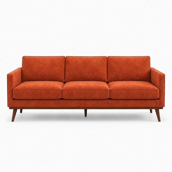 Gian Fabric in color Terracotta made on a sofa is a Solid Shiny Velvet Fabric that is good for Drapery & Curtain Fabric and Upholstery Fabric
