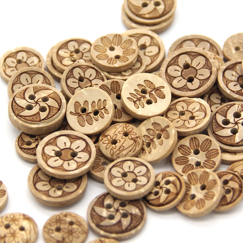 Casiex 30pcs Mixed Flower Carved Wooden Button - 30 PC