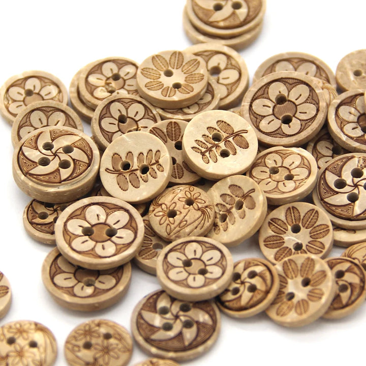 Casiex 30pcs Mixed Flower Carved Wooden Button - 30 PC