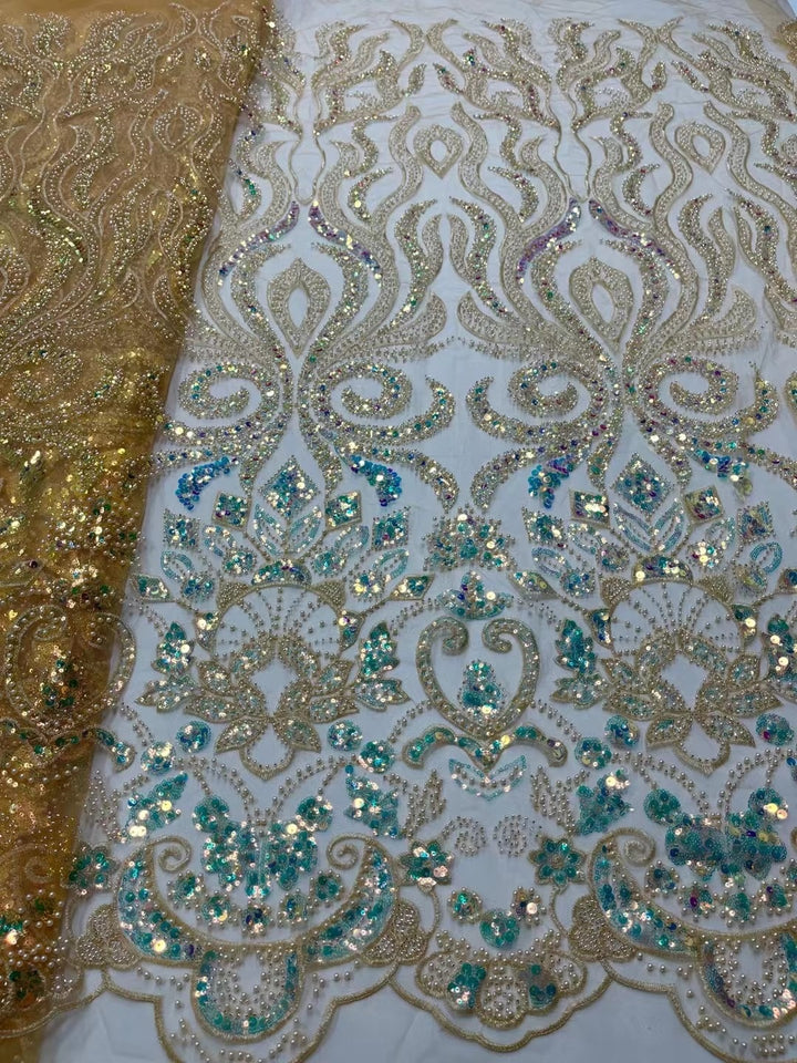 5 IARDE / 13 COLORI / Tessuto per abiti da cerimonia nuziale in pizzo scintillante con ricami di perline e paillettes Isaac