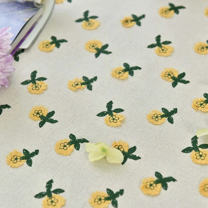 Yellow Beige Cotton Linen Multicolor Floral Embroidery Fabric
