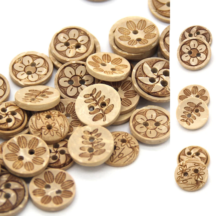 Casiex 30pcs Mixed Flower Carved Wooden Button - 30 PC