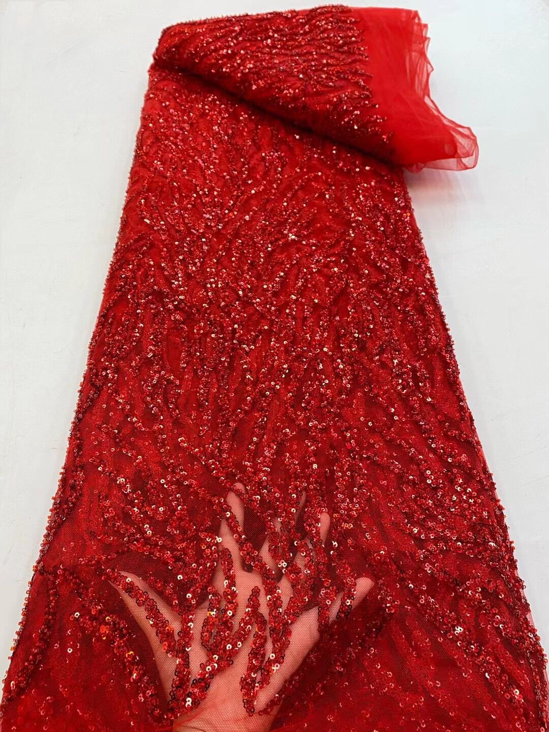 5 YARDS / Hailey Red Sequin Abstract Lines Beaded Embroidery Tulle Mesh Lace Party Prom Bridal Dress Fabric